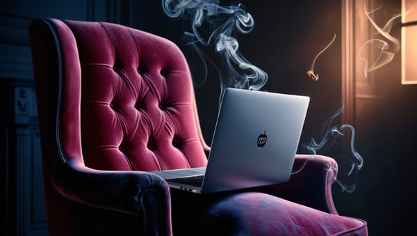 An illustration of a laptop on a red velvet armchair, with smoke and mysterious surroundings.